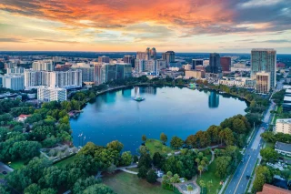Orlando, Florida, USA Downtown Drone Skyline Aerial.